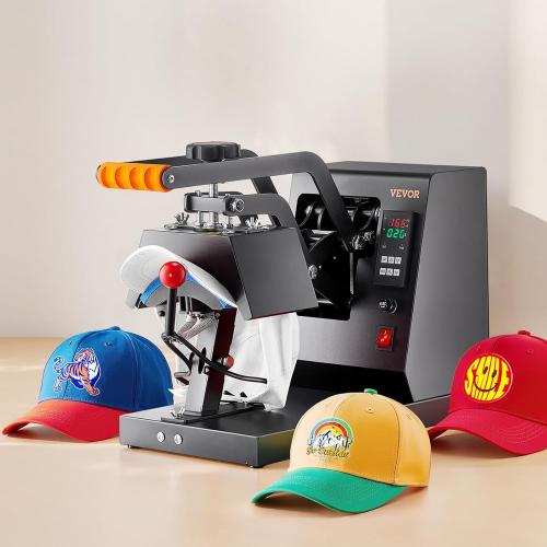 VEVOR 4-in-1 Heat Press Machine for Hats with 6x3inches Curved Teflon-Coated Heat Plate, Easy Temperature Control Non-Slip Base, Four Replaceable Elements 6x3/6.7x2.7/6.7x3.8/8.1x3.5inches