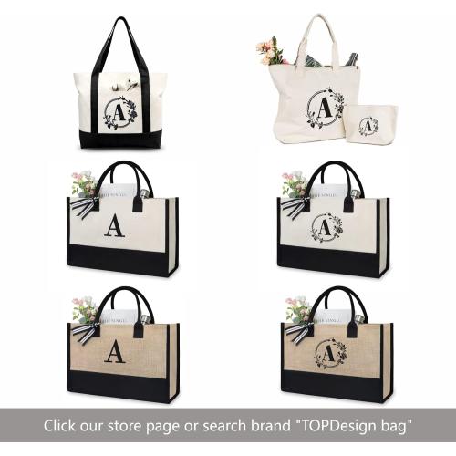 TOPDesign Personalized Initial Canvas Beach Bag, Monogrammed Gift Tote Bag for Women