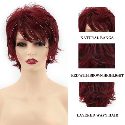 RENERSHOW Short Red Pixie Cut Wavy Wigs for White Women with Bangs Burgundy Highlight Synthetic Wig 6 Inch