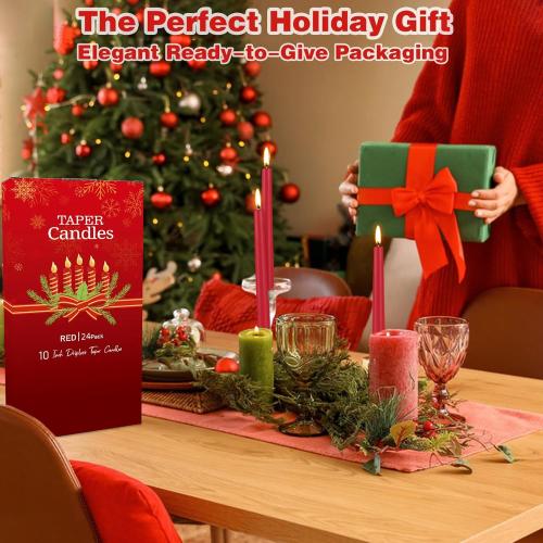 Red Taper Candles 24 Pack, 10 Inch Unscented Holiday Dinner Candles for Valentine's Day Table Decor, Wedding Centerpieces, Long-Lasting 7-8 Hour Burn Time, Premium Wax
