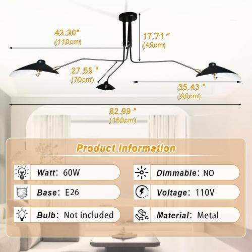 63 Mid-Century Modern Chandelier, Matt Black Adjustable 3-Arms Large Pendant Lighting Fixture for Bedroom Dining Room Living Room Kitchen Island 3-Light