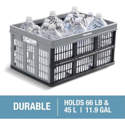 Size 11 Gallon 3 Pack Color Black CleverMade Collapsible Utility Crates-Obsidian 3pck 45L / 11 Gal holds 66 lbs - Stackable Containers Heavy Duty Capacity Crates Space-Saving Baskets