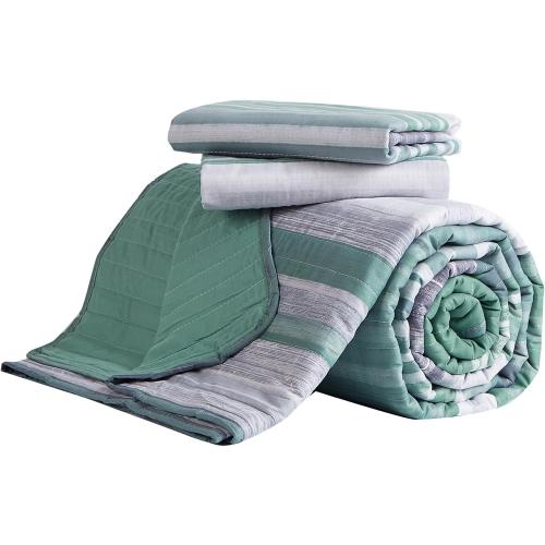 KAKIJUMN Full/Queen Quilt Bedding Set, White Grey and Green Patchwork Striped Quilt Set, 1 Pieces Soft Lightweight Bedspread Coverlet Set with 2 Pillow Sham(Green,Queen)