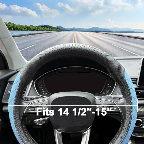 LKWLIKEI Nappa Leather Steering Wheel Cover,Elegant Diamond Checkered Design, Non-Slip wear-Resistant, Enhance Driving Comfort, Suitable for Steering Wheel Diameter 14 1/2‘-15’ Models.Black Blue