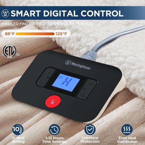 Westinghouse Electric Blanket Twin, Heated Blanket Twin Size with 10 Heating Levels and 1 to 12 Hours Heating Time Settings, Flannel to Sherpa Reversible, Machine Washable (62 x 84, Beige)