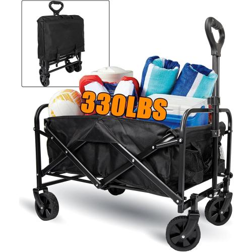 330lbs Heavy Duty Collapsible Folding Utility Cart with All-Terrain Wheels - Beach, Camping, Garden & Grocery Wagon (Black)