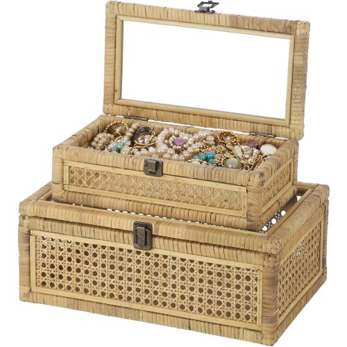 Rattan Decorative Boxes with Glass Lids, Set of 2 Large Rectangular Woven Wicker Display Baskets, Boho Handcrafted Storage Bins for Shelf & Home Decor