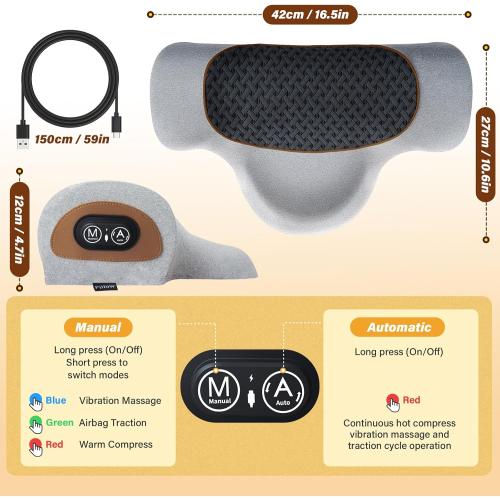 Rechargeable 3-in-1 Neck Massager Pillow with Heat,Vibration & Air Traction - Heated Neck Pillow Massage Hump Soothing Neck Relaxation, Posture Support & Stress Relief