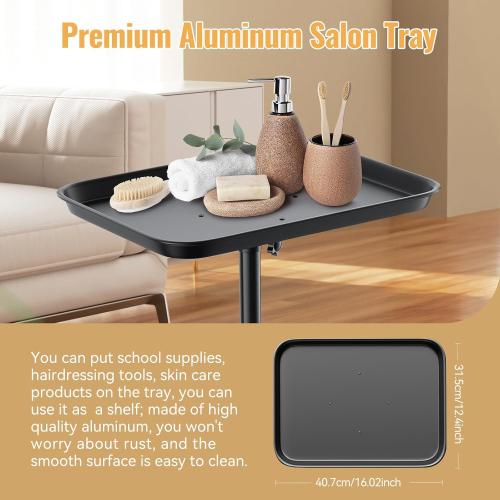 37 Black Salon Tray on Wheels, Adjustable Rolling Cart for Spa