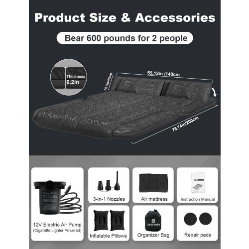 Umbrauto SUV Air Mattress for Car Camping, Leakproof & Quick Inflation Sleeping Airbed, Fits Most Compact, Mid-Size & Full-Size SUV Trunks for Road Trip Travel