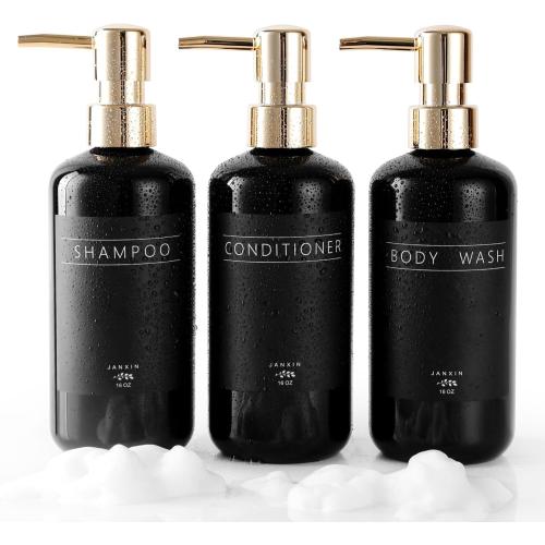 Shampoo and Conditioner Dispenser Set of 3,Modern Refillable 16oz Shampoo and Conditioner Bottles with Pump,Stylish Shower Soap Dispenser with Waterproof Labels for Bathroom (Black)