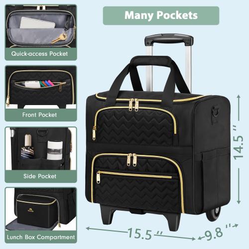 MATEIN Rolling Laptop Bag for Women, 15.6 Inch Rolling Briefcase with Wheels &Detachable Cart, Roller Computer Teacher Tote Bag with Insulated Lunch Box Gift for Nurse Work Business Office, Deep Black