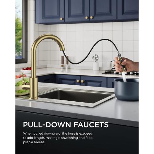 FORIOUS Gold Kitchen Faucet with Pull Down Sprayer, High Arc Single Handle Classic Stainless Steel Sink Faucet 1 or 3 Hole, Suitable for Farmhouse Camper Laundry Rv Bar