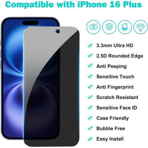 PEHAEL 3 3Pack for iPhone 16 Plus Privacy Screen Protector with Camera Lens Protector Full Coverage Anti-Spy Tempered Glass Film 9H Hardness Easy Installation Bubble Free [6.7 inch]