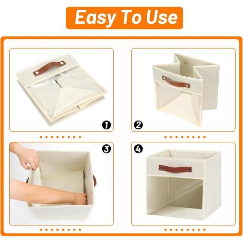 Cream and Brown HNZIGE 11 Inch Cube Storage Bin - Fabric Storage Organizer, Clear Canvas Collapsible Cubby for Home (Cream, 4 PCS)