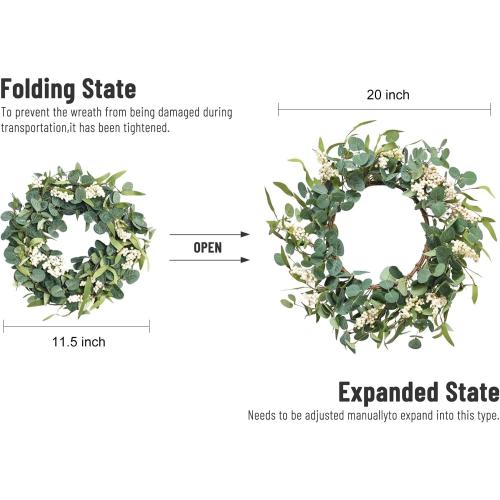 Pinkpum 20'' Eucalyptus Wreath for Front Door, Porch, Window - Green Decor for Home, Farmhouse - Spring, Summer, Fall, All Seasons