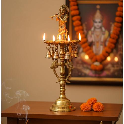 Brass Krishna Oil Lamp | Home Decor | Brass Diya Deepam Lamps | Kuthu Vilakku | Lamps for Home and Office - 16.5 Inches - Big Size