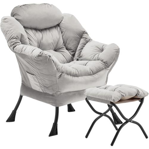 Youtanic Lazy Chair with Folding Ottoman, Accent Chair Velvet Upholstered with Metal Structure and Non-Slip Pads, Sofa Armchair with Footrest and Side Storage Bag for Dorm, Room, Office, Light Gray
