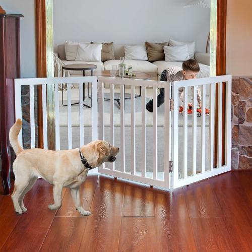 Size 24 3 panel Color White Freestanding Indoor Dog Gate for House Foldable Wood White Puppy Gate for Doorways Pet Gate for Stairs Extra Wide Pet Fence 24 Height 3 Panels