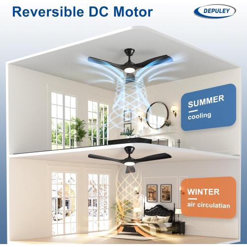 Depuley 52-Inch Ceiling Fan with Light: Black 3 Blade Outdoor Fans for Patios - Dimmable Indoor Fan with Remote APP Control Ultra Quiet DC Motor Reversible 6 Speed Timer