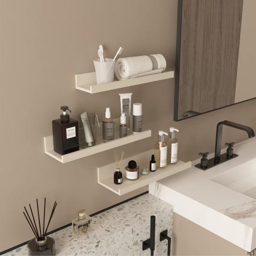 Giftgarden 16 Inch Floating Shelves Wall Mounted, Creamy White Beige Wood-Grain Wooden Ledge Shelf for Bathroom Bedroom Living Room Kitchen Nursery, Set of 3 Different Sizes