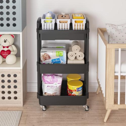 Black Calmootey 3-Tier Rolling Utility Cart with Drawer,Multifunctional Storage Organizer with Plastic Shelf & Metal Wheels,Storage Cart for Kitchen,Bathroom,Living Room,Office,Black