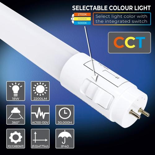 4Ft White 4 Pack 3CCT 4FT LED T8 Type B Light Tube 18W 2200 Lumens, 2700K/4000K/5000K Selectable, Ballast Bypass, Double Ended Connection, Frosted Cover