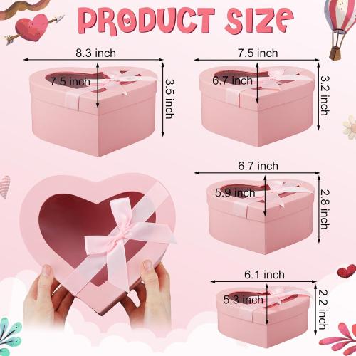 4 Pcs Valentine Flower Boxes Heart Shaped Boxes Floral Gift Box Assorted Sizes with Transparent Window Lids and Ribbons for Luxury Flower Gift Arrangements Wedding(Pink)