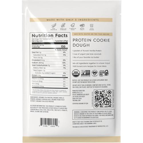 Truvani Vegan Pea Protein Powder | Vanilla | 20g Organic Plant Based Protein | 1 Serving | Keto | Gluten & Dairy Free | Low Carb | No Added Sugar