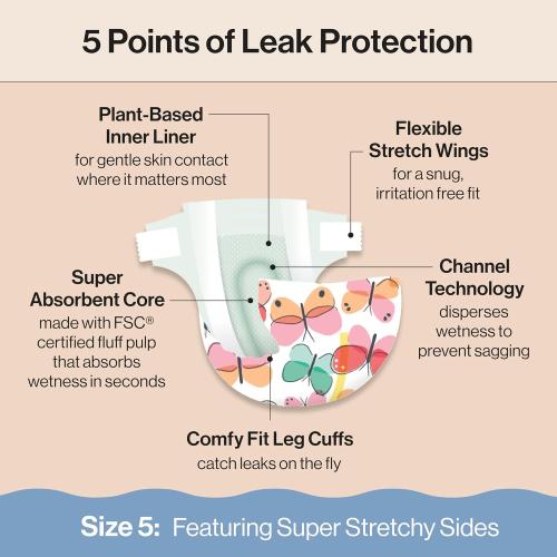 The Honest Company Clean Conscious Diapers for Sensitive Skin Up to 100% Leakproof Hypoallergenic Fragrance-Free Baby Girl Prints Super Club Box Size 5 (27 lbs) 84 Count (Prints