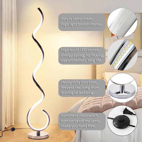 Modern Floor Lamps for Living Room, 40W Dimmable LED Spiral Floor Lamp with Remote, Adjustable Colors & Brightness Standing Lamp Reading Lamp Corner Floor Lamp for Bedroom, Office - Silver