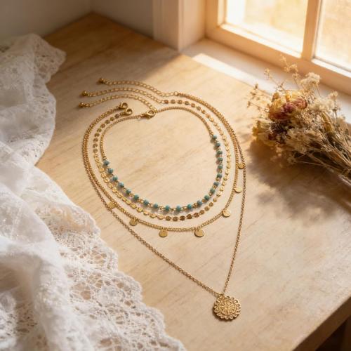 Gold Layered Necklace for Women Summer Boho Layered Stacked Pendant Necklace Country Concert Necklace Turquoise Coin Long Necklace