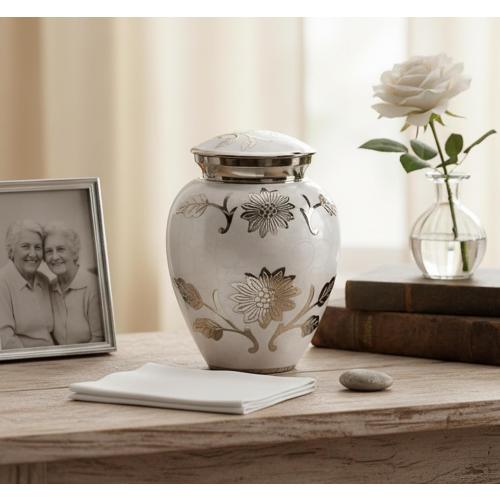 Color White eSplanade Cremation Urn Memorial Container Jar Pot | Metal Burial Urns | Keepsake for Ashes | Brass - White