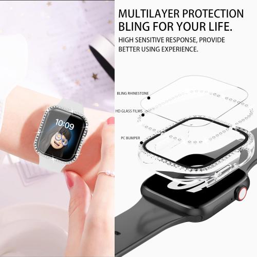 4 Pack Bling Case for Apple Watch Series 11 (2025) Series 10 42mm, Glitter Rhinestone Diamonds Protective Case with Tempered Glass Screen Protector Cover for iWatch Series 11/10 42mm for Women