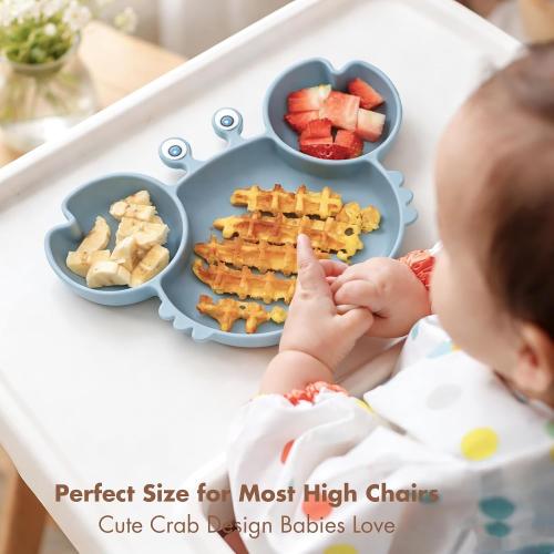 Suction Plates for Baby, Silicone Plates with Suction Divided, Baby Spoon Fork Set for Toddler Baby Dishes Kids Utensils-Crab Dusty Blue