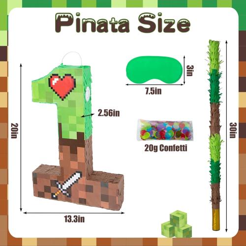 PCFING 20 Inch Pixel Number 1 Piñata with 30 Inch Piñata Stick Blindfold Confetti for Boy Girl Adults Birthday Party Decorations, Anniversary Celebration, Fiesta