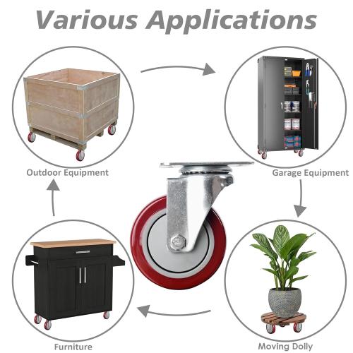 Finnhomy 4” Swivel Casters Wheels Set of 4 Plate Casters Heavy Duty Premium Polyurethane Wheels PU Load Bearing 2,600 Lbs Anti-wear Smooth Casters Red (Free Screws)