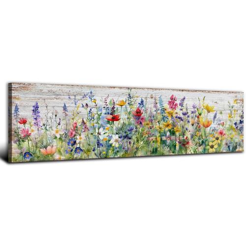 Rustic Wildflower Wall Art Colorful Farmhouse Floral Scenery Picture Decor Watercolor Flower Landscape Wood Grain Prints Painting Artwork for Living Room Office Bathroom Bedroom Home Decoration 14x48