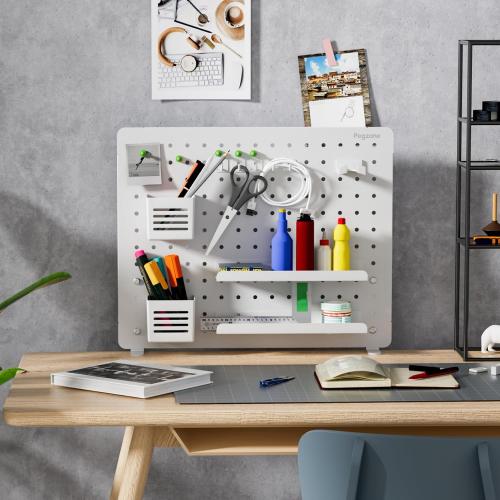 PEGZONE Clamp-on Desk Pegboard, Desk Organizer for Office Gaming Home, Magnetic Metal Peg Board with 15 Accessories, Privacy Panel for Office, 20.4 x 16.5, Large, White