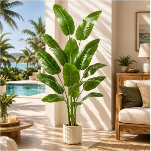 Artificial Bird of Paradise Plant：7FT Tall Fake Traveler’s Palm Tree | Faux Banana Tree Elephant Ear Leaf Silk Floor Plant in White Pot for Home Decor Indoor Office Entryway Balcony Patio café