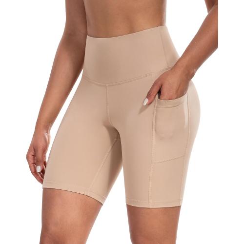 Biker Shorts Women Nude Large with Pockets, 8 High Waisted Tummy Control Yoga Shorts for Workout Running and Gym