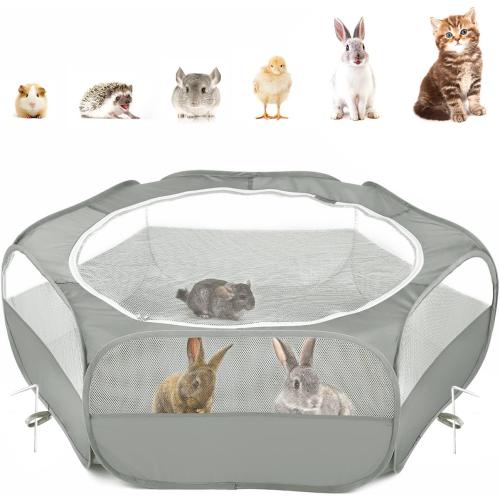 Pawaboo Small Animals Playpen, Waterproof Small Pet Cage Tent with Zippered Cover, Portable Outdoor Yard Fence with 3 Metal Rod for Chick/Kitten/Puppy/Guinea Pig/Rabbits/Hamster/Chinchillas,Light Gray