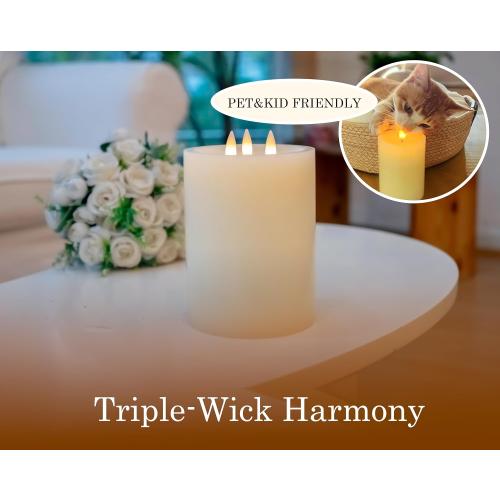 3-Wick Flameless Pillar Candle with Remote Timer, 3D Moving Flame Real Wax Led Candles (Ivory with 3 Wick, 6.5in)