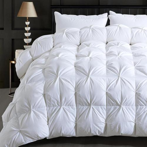 OEKO TEX FULL/ QUEEN® Feather Comforter Queen Size Duvet Insert, Luxurious Fluffy Hotel White Pinch Pleat Bedding Comforter - Ultra Soft All Season 100% Cotton Shell,  90x90 Inch