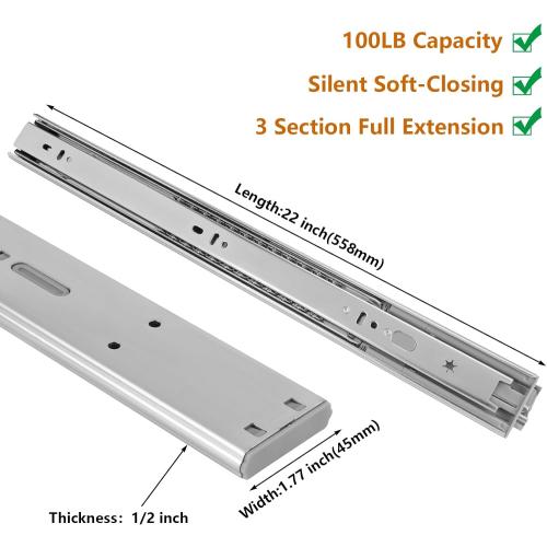 LONTAN Soft Close Drawer Slides 22 Inch Side Mount Heavy Duty Cabinet Drawer Glides 10 Pairs - Ball Bearing Full Extension Kitchen Cabinet Rails 100 LB Capacity