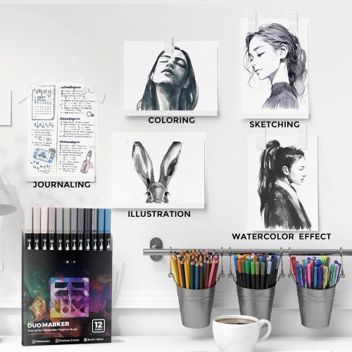 Gray Duo Tip Marker Pens, 12 Pack Fine & Brush Markers for Adult Coloring Books No Bleeding, Neutral Gray Markers for Shading, Urban Sketches, Architectural Drawings and Realistic Textures