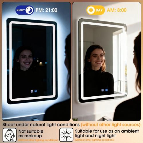 LED Bathroom Mirror, 16 x 24 Inch Anti-Fog Bathroom Mirror with Lights, Stepless Dimmable Lighted Bathroom Mirrors for Wall, Rectangle Bathroom Vanity Mirror with Front and Backlight, Vertically Only