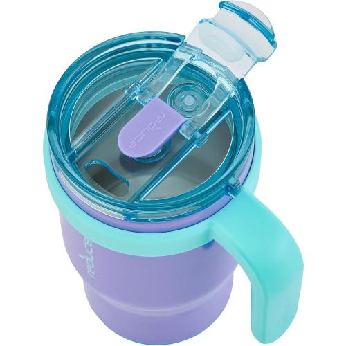 REDUCE 14 oz Coldee Tumbler with Handle for Kids - 2 Pack, Leakproof Insulated Stainless Steel Mug with Lid & Spill-Proof Straw, Keeps Drinks Cold up to 18 Hrs, Purple and Teal