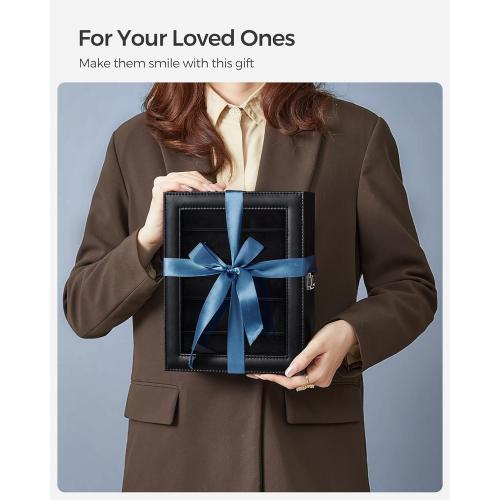 SONGMICS Watch Box, 10-Slot Watch Case Organizer with Large Glass Lid, Removable Pillows, Christmas Gift, Black Synthetic Leather, Black Lining UJWB010B02