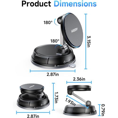 ANDERY Only for iPhone Magsafe Car Mount Charger, 15W Fast Wireless Charge | [78 LBS Strong Suction & 2400gf Magnetic] 360° Adjustable Car Mount Phone Holder, Car Interior Accessory with Dashboard Pad